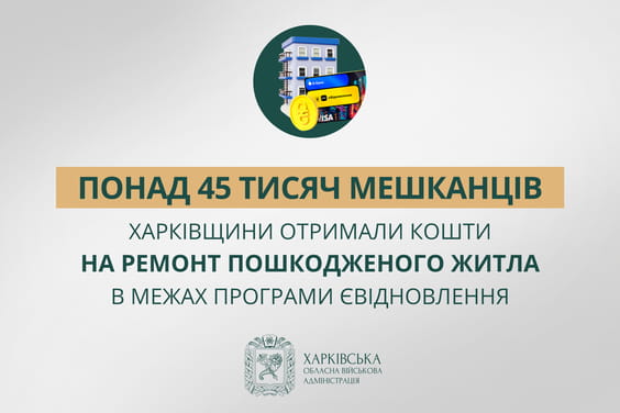 «Понад 45 тисяч мешканців Харківщини отримали кошти на ремонт пошкодженого житла в межах програми єВідновлення», — Олег Синєгубов